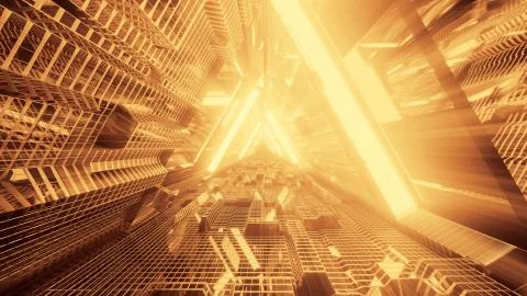3D rendering of a trippy triangular hallway in gold colors Illustrazione stock