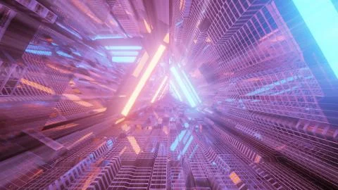 3D rendering of a trippy triangular hallway in bright blue and orange colors Stock Illustration