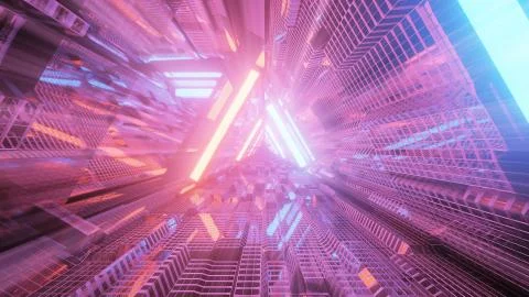 3D rendering of a trippy triangular hallway in bright blue and orange colors Stock Illustration