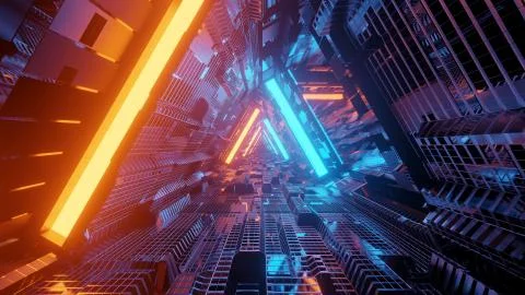 3D rendering of a trippy triangular hallway in blue and orange colors Stock Illustration