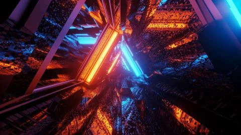 3D rendering of a trippy triangular hallway in blue and orange colors Illustrazione stock