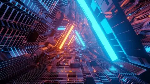 3D rendering of a trippy triangular hallway in blue and orange colors Stock Illustration