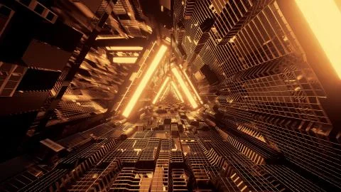 3D rendering of a trippy triangular hallway in gold colors Stock Illustration