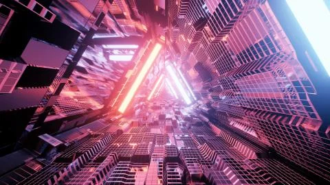 3D rendering of a trippy triangular hallway in white and orange colors Illustrazione stock