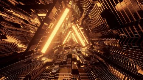 3D rendering of a trippy triangular hallway in dark gold colors Ilustración de archivo