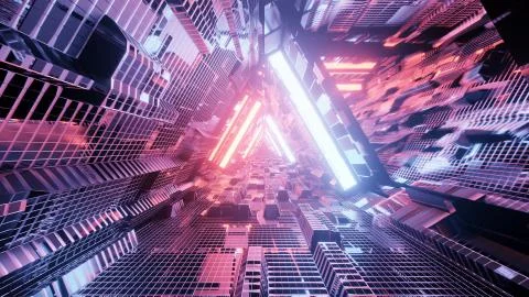 3D rendering of a trippy triangular hallway in white and orange colors イラスト素材