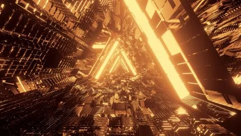 3D rendering of a trippy triangular hallway made up of gold lights Illustrazione stock