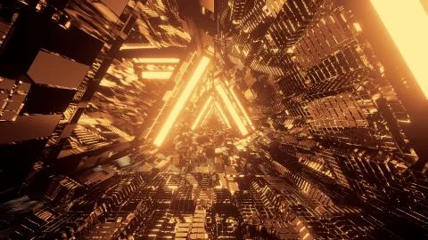 3D rendering of a trippy triangular hallway made up of gold lights Illustrazione stock