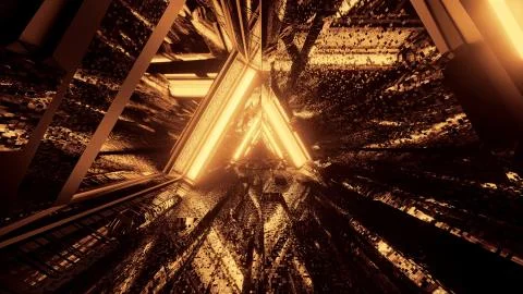 3D rendering of a trippy triangular hallway made up of gold lights イラスト素材