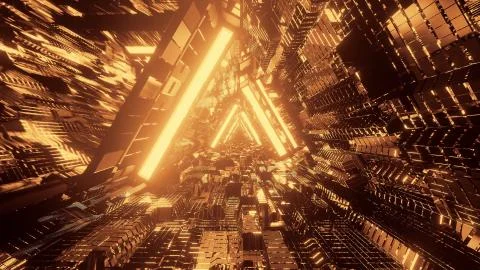 3D rendering of a trippy triangular hallway made up of gold lights Illustrazione stock