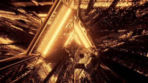 3D rendering of a trippy triangular hallway made up of gold lights 스톡 일러스트