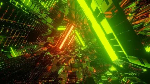 3D rendering of a trippy triangular hallway made up of green and orange light Ilustração Stock