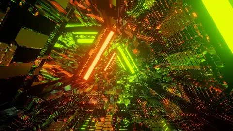 3D rendering of a trippy triangular hallway made up of green and orange light Ilustração Stock