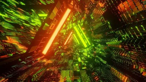 3D rendering of a trippy triangular hallway made up of green and orange light Stock Illustration