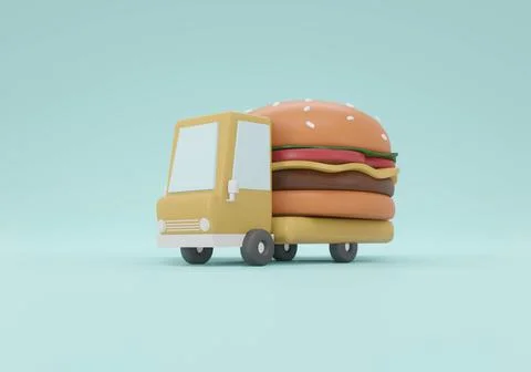 3D Rendering of a truck with big burger on background concept of burger del.. Stock Illustration