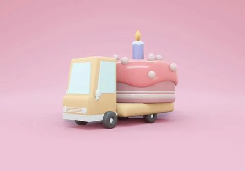 3D Rendering of a truck with big cake in pastel theme concept of birth day .. Stock Illustration