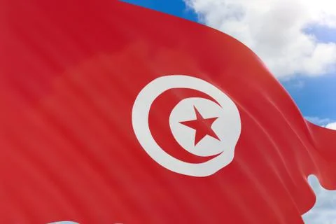 3D rendering of Tunisia flag waving on blue sky background Stock Photos