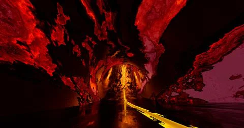 3d rendering. Tunnel into the distance with the texture of hot lava on the wa Stock Illustration