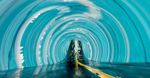 3d rendering. A tunnel with a road into the distance and the texture of ice o Stock Illustration