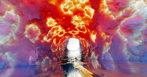 3d rendering. A tunnel with a road going into the distance with a stone textu Stock Illustration