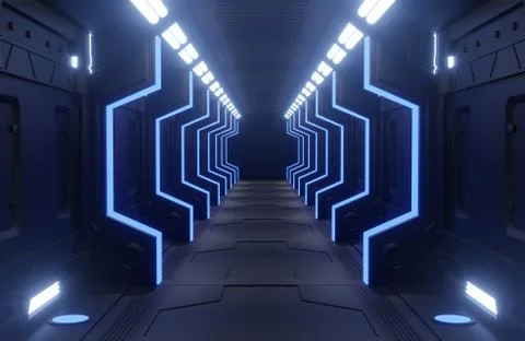3D rendering tunnel Spaceship black and blue  interior ,corridor Stock Illustration