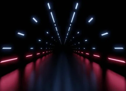 3D rendering tunnel Spaceship dark blue and pink interior background Stock Illustration
