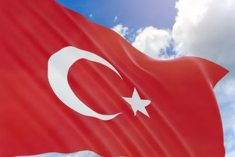 3D rendering of Turkey flag waving on blue sky background Stock Photos