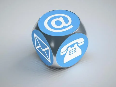 3d rendering of a turquoise cube with signs for email phone and letter Stock Illustration