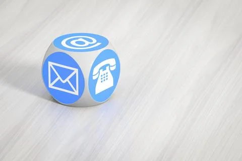 3d rendering of a turquoise cube with signs for email phone and letter Stock Illustration