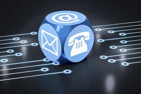 3d rendering of a turquoise cube with signs for email phone and letter Stock Illustration