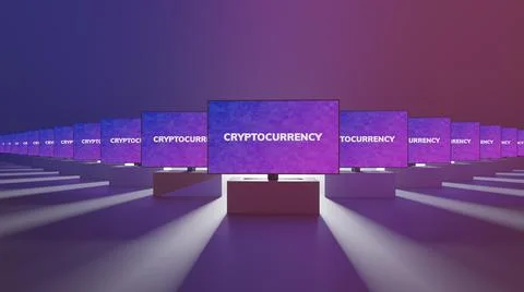 3D rendering of TV sets showing text sign Cryptocurrency, concept message on Stock Illustration