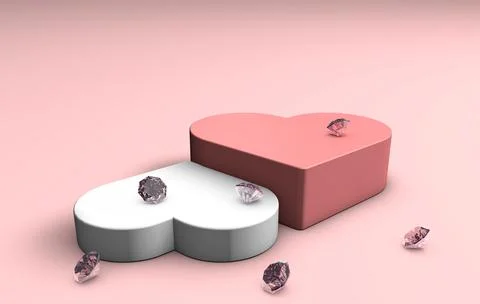 3D rendering of two beautiful hearts with diamonds. Love concept. Illustrazione stock
