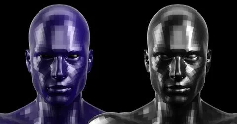 3d rendering. Two black and blue faceted android heads looking front on camera Stock Illustration