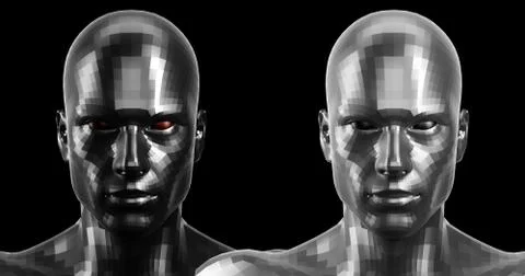 3d rendering. Two black and white faceted android heads looking front on camera Stock Illustration