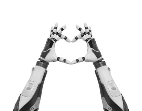 3d rendering of two black and white robotic hands forming a heart shape with its Stock Illustration