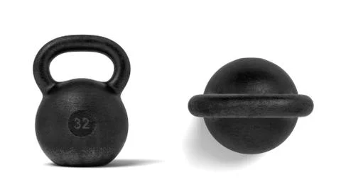 3d rendering of two black metal 32 kg kettlebells, one in front view and one in Stock Illustration