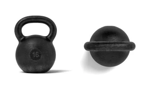 3d rendering of two black metal 16 kg kettlebells, one in front view and one in Stock Illustration