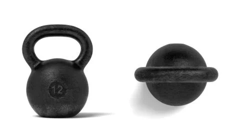 3d rendering of two black metal 12 kg kettlebells, one in front view and one in Stock Illustration