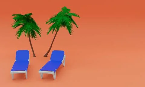 3d rendering of two blue loungers and two palm trees on red background with copy Stockillustratie