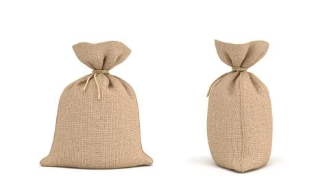 3d rendering of two canvas sacks tied with a rope, one sack in front view and Stock Illustration