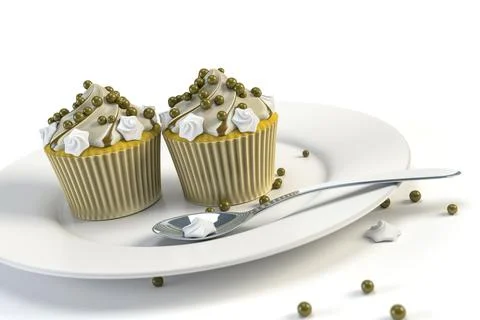 3d rendering of two delicious cupcakes on a plate Illustrazione stock