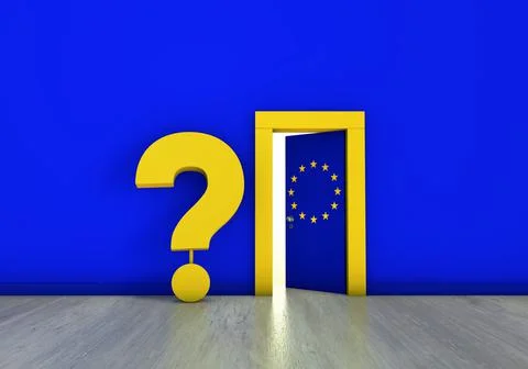 3D rendering with two doors with the European Union flag and a question mark Stockillustratie