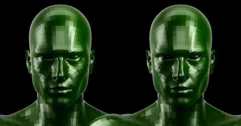 3d rendering. Two faceted green android heads looking front on camera Stock Illustration