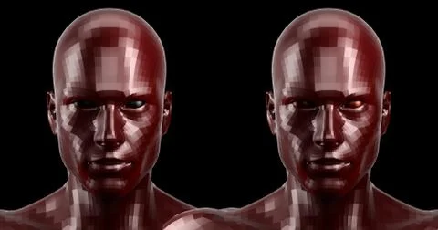 3d rendering. Two faceted red android heads looking front on camera Stock Illustration