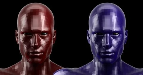 3d rendering. Two faceted red and blue android heads looking front on camera 库存插图