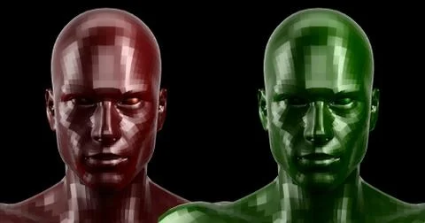 3d rendering. Two faceted red and green android heads looking front on camera 库存插图
