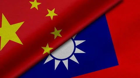 3D Rendering of two flags from China and Taiwan together with fabric texture, Stock Illustration