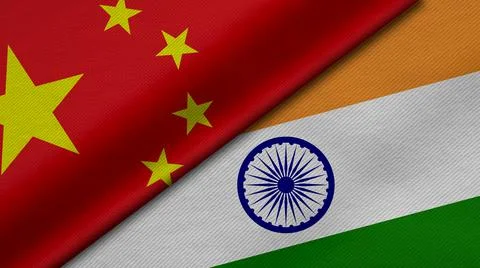 3D Rendering of two flags from China and India together with fabric texture,  Stock Illustration
