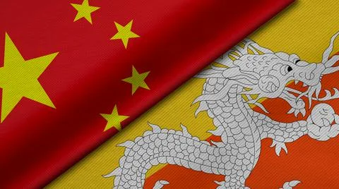 3D Rendering of two flags from China and Kingdom of Bhutan together with fabr Stock Illustration
