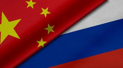 3D Rendering of two flags from China and Russian Federation together with fab Stock Illustration